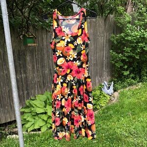 S Tiki Summer Floral Sleeveless Dress Pockets Midi Flare Skirt